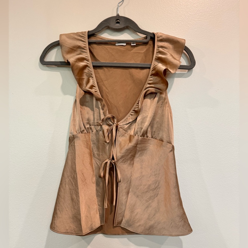Wilfred gold satin deep V front tie top size Small